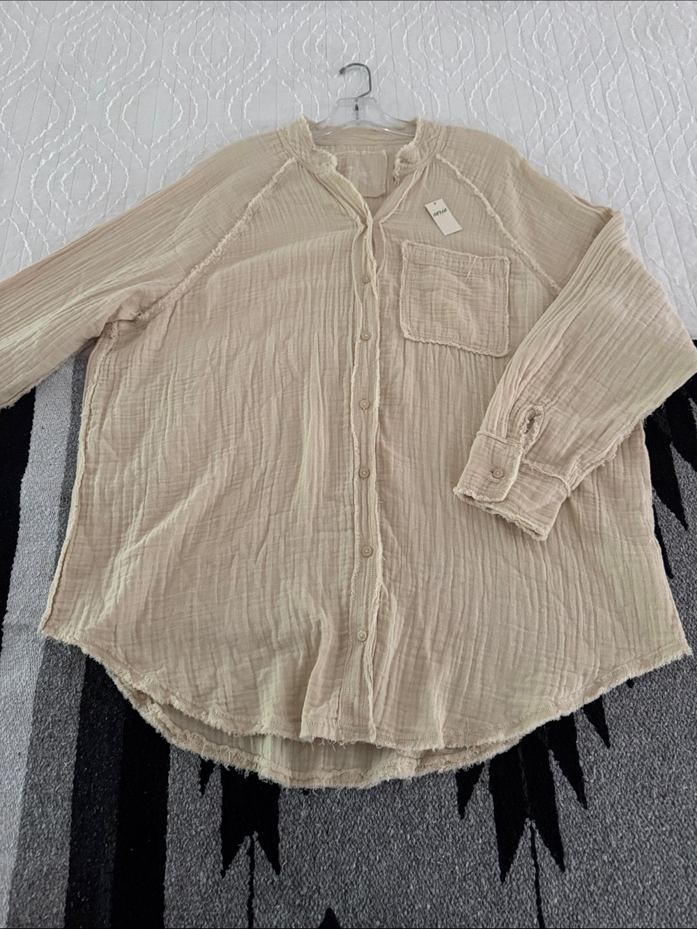 aerie Cream Gauze Button-Up Shirt with Pocket